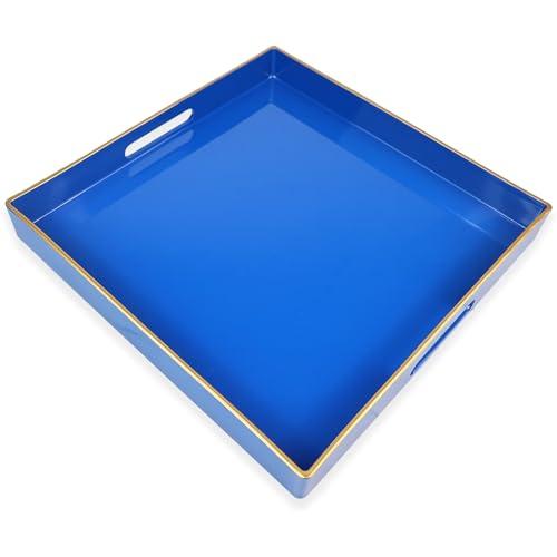 Spsyrine Blue Decorative Tray for Living Room, Square Modern Plastic Coffee Serving Table Tray for Ottoman Bathroom Kitchen,13"*13"