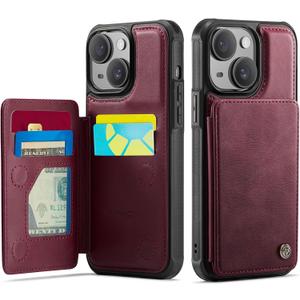 Vinich for iPhone 15 Wallet Case with Card Holder, RFID Blocking Credit Slots Kickstand Shockproof Phone Cover Fit for iPhone 15 6.1" Burgundy