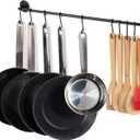 Wallniture 24" Gourmet Kitchen Rail for with 10 S Hooks for Hanging Utensils, Pot Pan Lid Rack Storage Organizer Set, Steel, Black