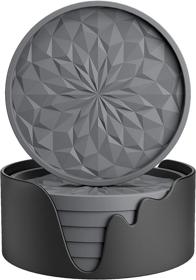 ME.FAN Silicone Coasters with Holder,[6 Pack] Drinking Coasters - Cup Mat for Hot or Cold Drinks, Thickened, Non-Slip, Non-stick,Deep Tray Dark Grey