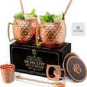 COPPER-BAR Moscow Mule Copper Mugs - Unique HANDCRAFTED Gift Set of 2, Hammered by Artisan, 100% Pure Solid Copper Cups 16oz for Drinking Water & Cocktails, Include 13 Pcs accessories & Special Opener