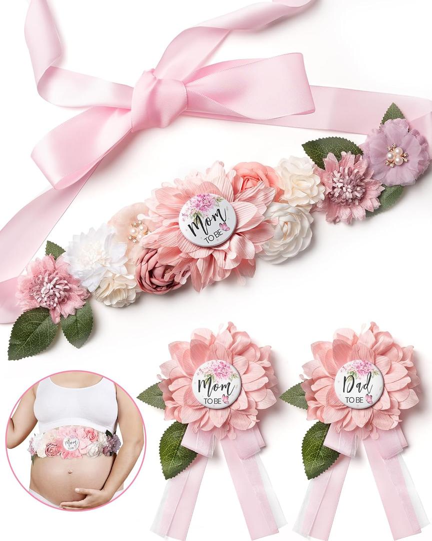 BumpPetal Flower Sash Set, Baby Shower Mom to Be Daddy to Be Corsage Pin, Pink Flower Belt for Maternity Dress, Pregnancy Photo Props Supplies, Gender Reveal Decorations