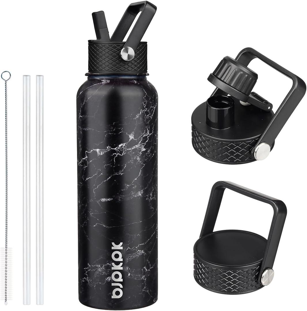 BJPKPK Insulated Water Bottles with Straw Lid, 40oz Stainless Steel Water Bottles with 3 Lids, BPA Free Leakproof Thermo, Tumblers, Cups for Sports, Gym- Midnight