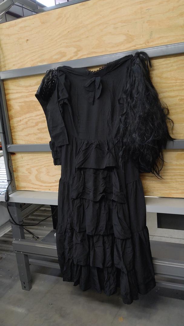 large dress black, Halloween costume, with wig and corset waist, slide on fangs, missing ring