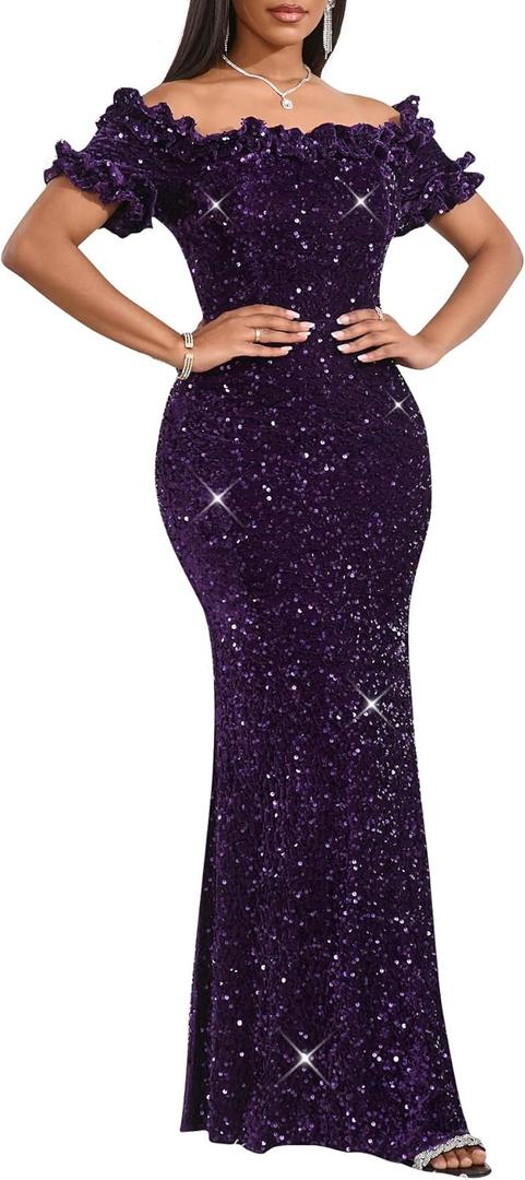 dasmzper Women Sexy Sequin Off Shoulder Ruffle Short Sleeve Bodycon Mermaid Party Formal Evening Maxi Dress (Purple) XXL