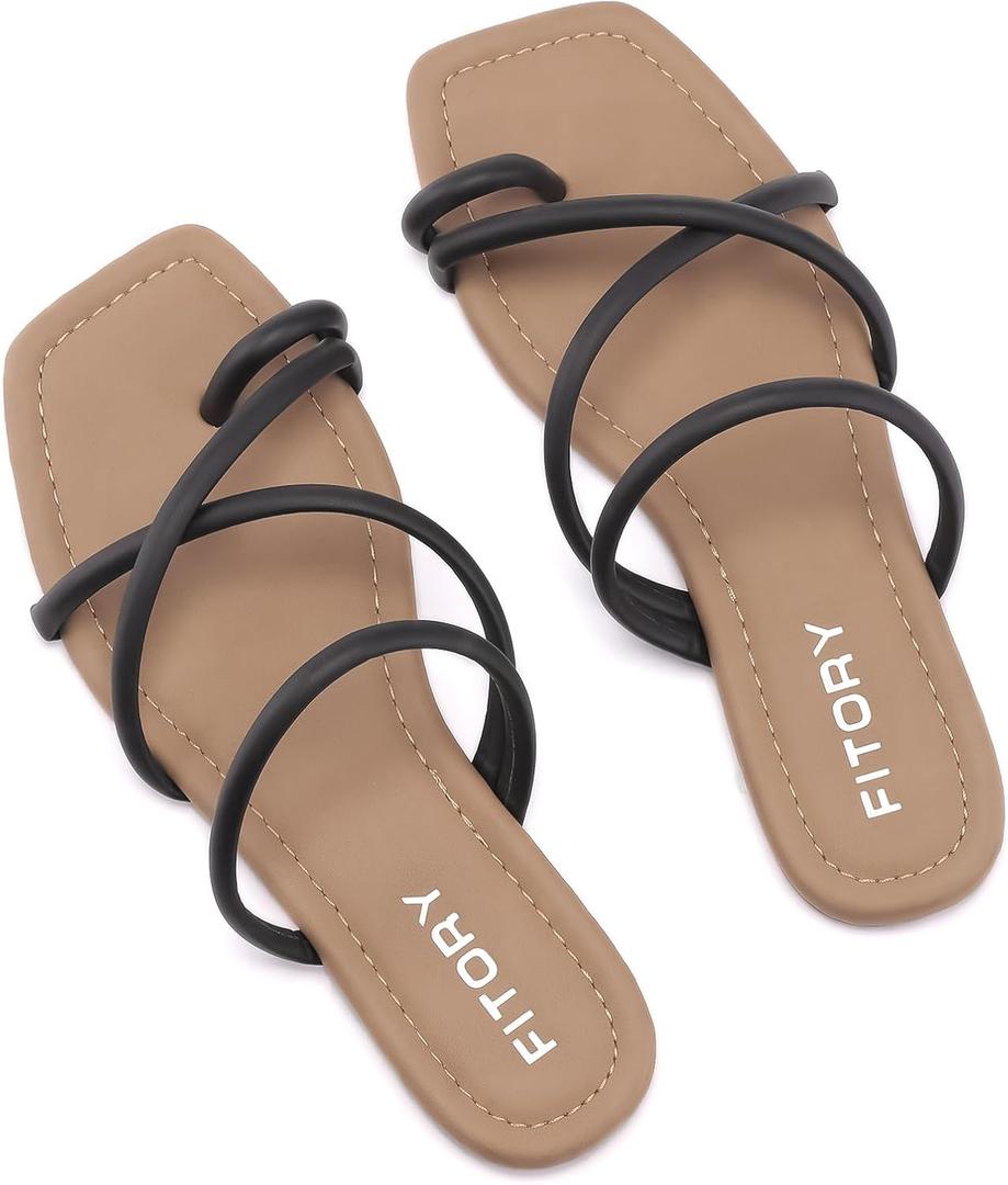 FITORY Women's Slide Sandals Flat Toe Ring Thongs with Cross Strap for Summer Size (10, Black)