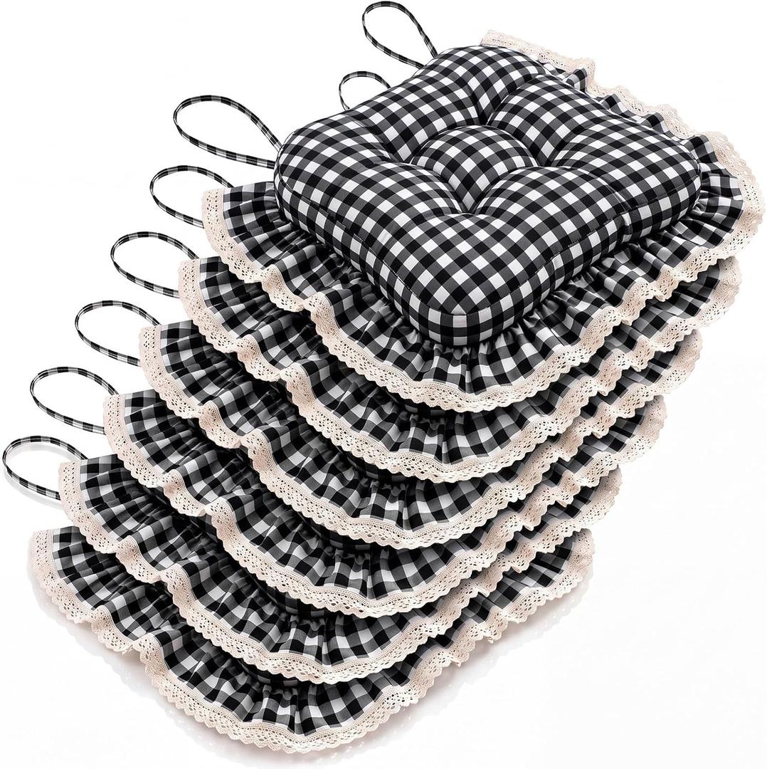 SiliFine 6 Pcs Ruffled Chair Cushions, Seat Pads with Ties, Gingham Black, 15 x 16 x 2 inches