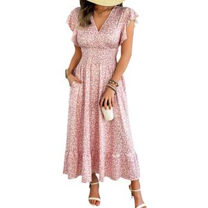 Womens Maxi Floral Dress - Flutter Short Sleeve Wrap V-Neck Flowing A-Line Summer Dress with Smocked Waist and Pocket (Medium)
