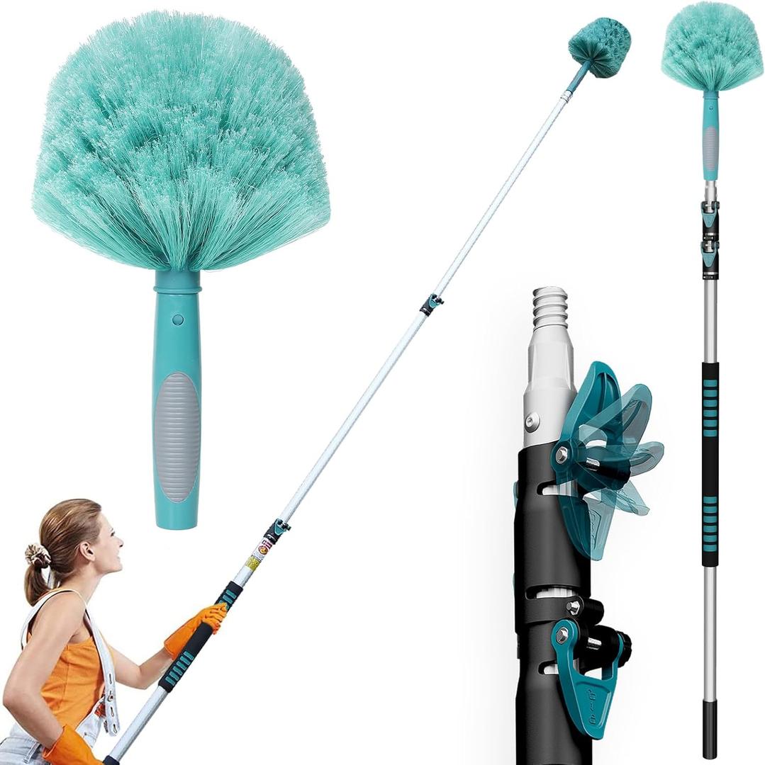 TelesPro 20 Feet High Reach Cobweb Duster with 5-12Ft Extension Pole, Webster Cobweb Duster with 3-Stage Telescopic Aluminum Pole, Spider Web Brush for Outdoor & Indoor Cleaning - Soft Bristles