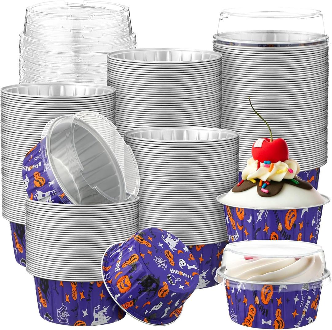 200 Pcs Halloween Mini Aluminum Foil Cupcake Baking Cups with Lids 5 oz Baking Liner Cups Cupcake Containers Pans or Halloween Party Wedding Birthday Party (Round)