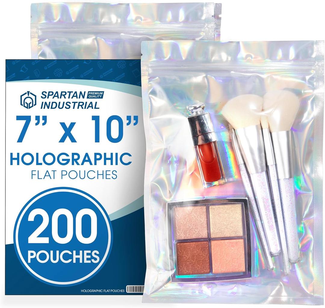 Spartan Industrial - 7" X 10" Smell-Proof Holographic Bags - Pack of 200 Clear Resealable Bags for Food Storage and Packaging, Cosmetics, Handmade Goods, and More