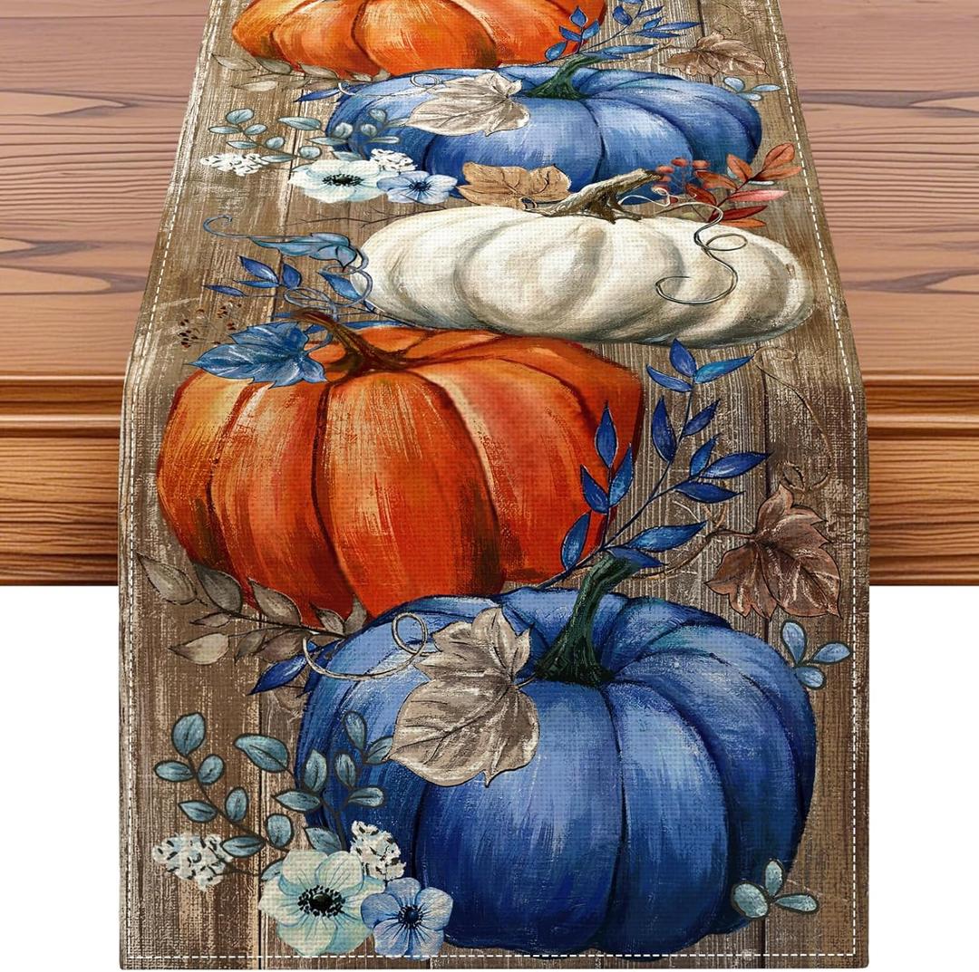 Artscope Pumpkins Eucalyptus Leaves Fall Table Runner,Autumn Seasonal Kitchen Dining Table Decoration for Fall Home Decor 13x120 Inch-Wood