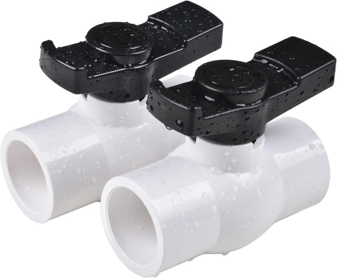 1-1/2" PVC Ball Valve (2-Pack), Shut-Off Valve with Easy to Rotate and Excellent Handle, Rated at 150 PSI, 1 1/2 inch Socket