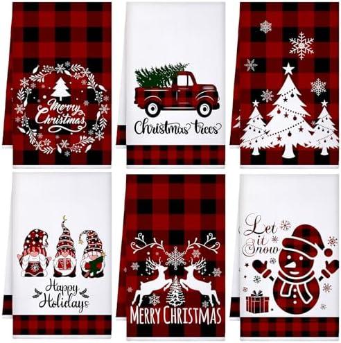 6 Pcs Christmas Kitchen Towels Red Black Buffalo Plaid Tea Dishtowels Absorbent Winter Gnome Truck Snowman Bathroom Hand Towels for Xmas Kitchen Bathroom Decoration Farmhouse Housewarming Gift