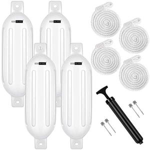 VIVOHOME Vinyl Ribbed Boat Fenders 4 Pack, Boat Bumpers with Ropes, Needles, and Pump to Inflate Fit for Yachts, Sailing Dinghies, Bass Boats, Black, 6.5 Inch x 24 Inch