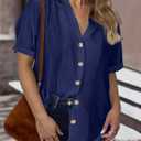 Dokotoo Women's Dressy Casual V Neck Short Sleeve Button Down Shirts Relaxed Work Business Loose Blouses Tops (Blue) L