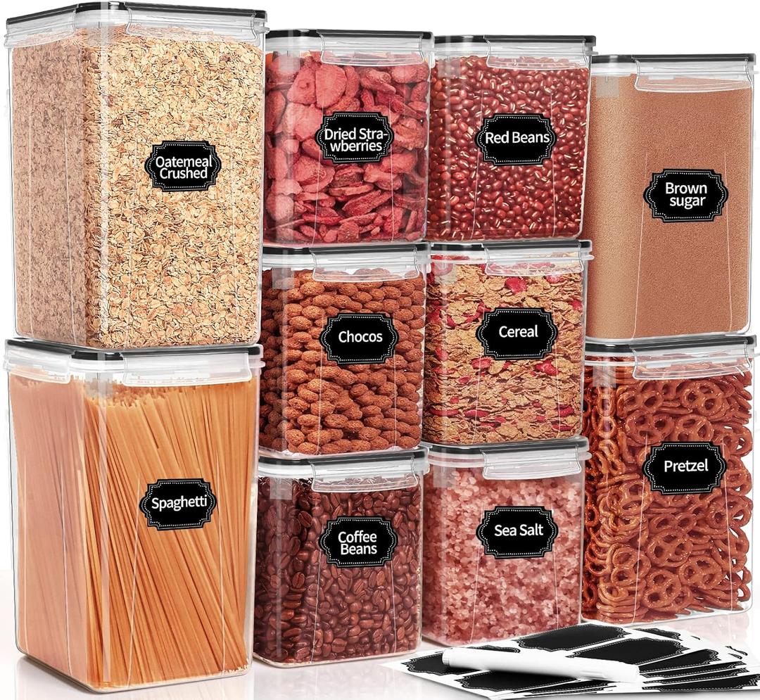 PRAKI Large Airtight Food Storage Containers with Lids, 10PCS Plastic Cereal Storage Containers, Kitchen & Pantry Organizers and Storage for Sugar, Flour, Baking Supplies with Lables & Mark (Clear)