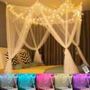 White Bed Canopy with 24 Colors Star Lights for Girls, 8 Corner Princess Canopy Bed Curtains with Color Changing LED String Lights Remote Timer for Adults Women Bedroom, Twin Full Queen King Bed