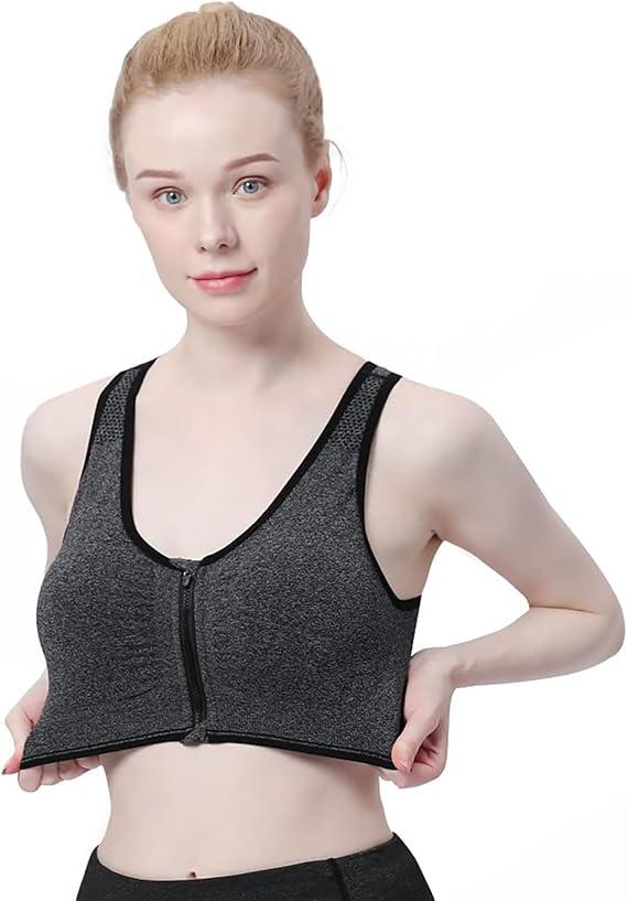 Women's Zip Front Sports Bra Wireless Post-Surgery Bra Active Yoga Sports Bras, 2 Pcs, Grey & Black,SIZE XXL