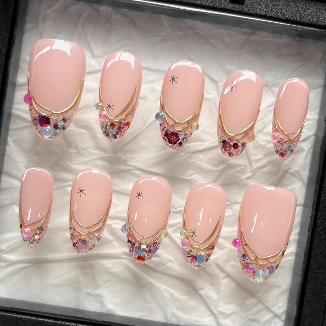 MAGLFELL Press on Nails, Medium Almond 3D Handmade False Nails with Gold Outline Colorful Glitter Tips and Bubble Beads, 10 Pcs Reusable Thick Acrylic ABS Artificial Fake nails for Women L Size