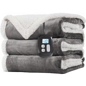 LaffyLo Electric Heated Blanket Twin Size 62 x 84, Fast Heating Blanket, Dual-Sided Flannel Sherpa, 10 Heat Settings, 1-12 Hour Auto Off, Machine Washable, Light Grey