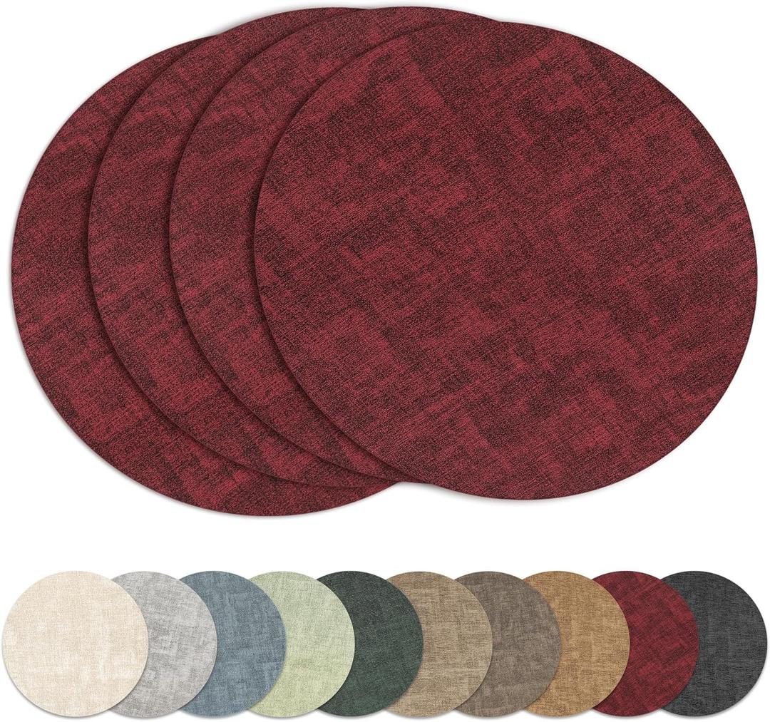 13"Round Placemats Set of 4, Reversible Faux Leather Heat Resistant Table Mats, 100% Waterproof Oilproof Wipeable Table Protective Placemats for Vinyl, Washable for Indoor & Outdoor Use (4, burgundy)