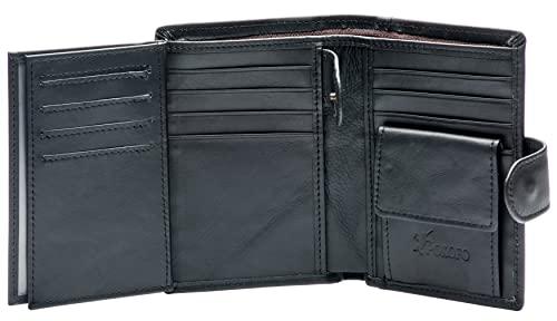 POKOFO Large RFID Genuine Leather Card Holder Trifold Wallet Snap Closure 3 ID Windows for men (Black)