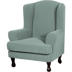 H.VERSAILTEX 2 Piece Stretch Jacquard Wingback Chair Covers Slipcovers Wing Chair Covers (Base Cover Plus Seat Cushion Cover) Furniture Covers for Wingback Chairs, Form Fitted Thick Soft, Sage
