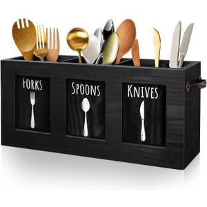 MINCORD Wood Flatware Organizer, Rustic Utensil & Silverware Holder for Forks, Spoons, Knives, Farmhouse Kitchen Cutlery Caddy Bin Countertop - Black