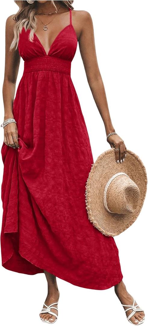 Milumia Women's Summer V Neck Backless Maxi Dress Boho Spaghetti Strap A Line Flowy Beach Long Sundress Red Small