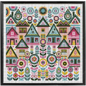 FREEBLOSS 11CT Vector Cottage Stamped Cross Stitch Kits Complete Embroidery Kits with Instruction Cross Stitch Wall Hanging Kit for Needlepoint Adults Wall Art Decoration 18x18in/45x45cm