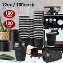 Ginkgo 100 Pack 12 oz Disposable Coffee Cups with Lids, To-Go Paper Coffee Cups for Hot Beverage, Chocolate and Cocoa, Coffee Bar Accessories - Black