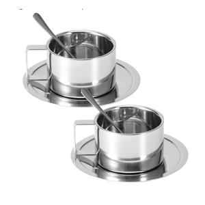 Hapivida 2Pcs Stainless Steel Coffee Cup Set, 200ml/7oz Insulated Coffee Cup Set Double Walled Mugs Milk Tea With Spoon Saucer