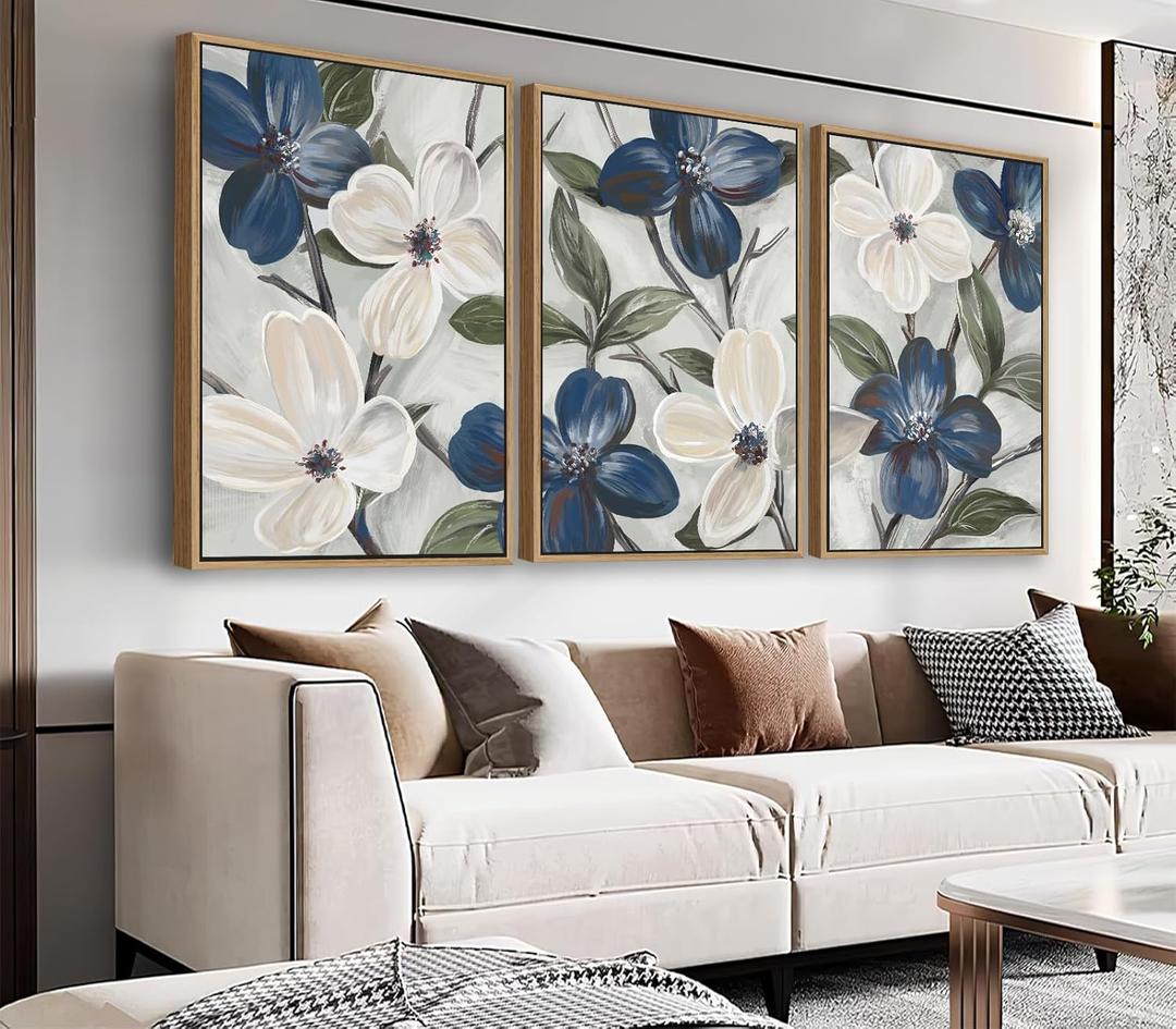 NINEASO Rustic Floral Framed Wall Art  Elegant Blue White Flowers Canvas Pictures Green Leaves Painting Artwork for Living Room, Office & Home Wall Decor 24 x 16in * 3, Natural Wood Frame