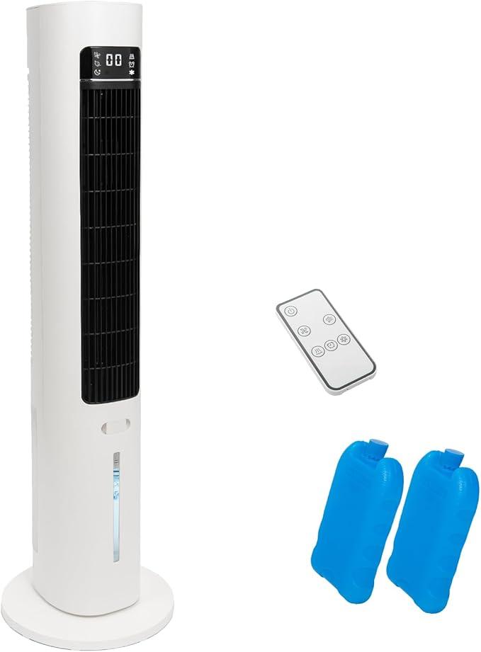 Evaporative Air Cooler 41" with Remote, Tower Fan for Bedroom Office, Portable Air Conditionerswith 3 Speeds, 70° Oscillating Bladeless Swamp Cooler, Ice Pack, 12H Timer, Removable Water Tank
