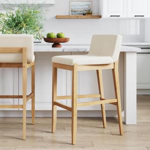 Nathan James Gracie Modern Upholstered Bar Stool, Wooden Bar Stool for Kitchen Island with Boucle Upholstery, Cream Boucle/Warm Pine, Bar Height - Single