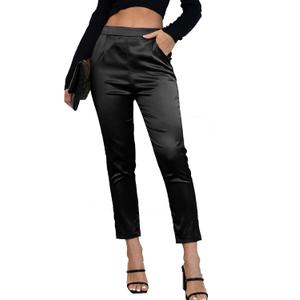 Fakanhui Women's Satin Silky Dress Casual Elastic High Waist Stretch Elegant Pants Trousers (Medium, Black01)