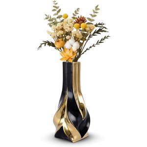 10.6" Black and Gold Ceramic Vase, Modern Geometric Flower Vase for Dining Table Centerpiece, Elegant Decorative Vase for Pampas Grass, Living Room, Bedroom, Office, Tabletop Decoration