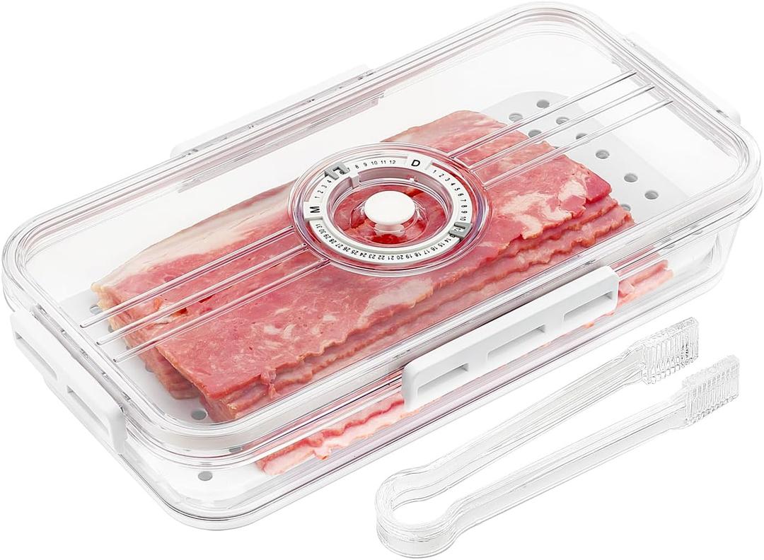 Tellshun Bacon Storage Container with Air-sealed Tight Lid for Fridge Bacon Holder Deli Meat Cheese Keeper with Food Serving Tongs and Drain Plate for Refrigerator