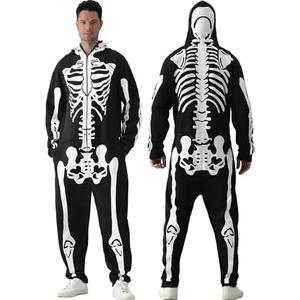 Men's Halloween Skeleton Costume, Deluxe Comfy Easy for Adult Double Sided Skeleton Jumpsuit with Hood﻿ Large