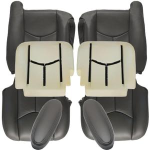 GXARTS Driver and Passenger Side Bottom and Top Lean Back Leather Seat Cover and 2 Foam and 2 Armrest Fit for Chevy Silverado Avalanche Tahoe Suburban GMC Sierra Yukon XL 2003-2006 Dark Gray 692/69i