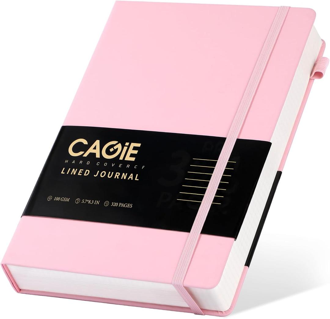 CAGIE Pink Journal Notebook for Women, 320 Pages College Ruled Notebook, 100 Gsm Paper Thick Lined Journal, A5 Hardcover Leather Journals for Writing, 5.7x8.3 In