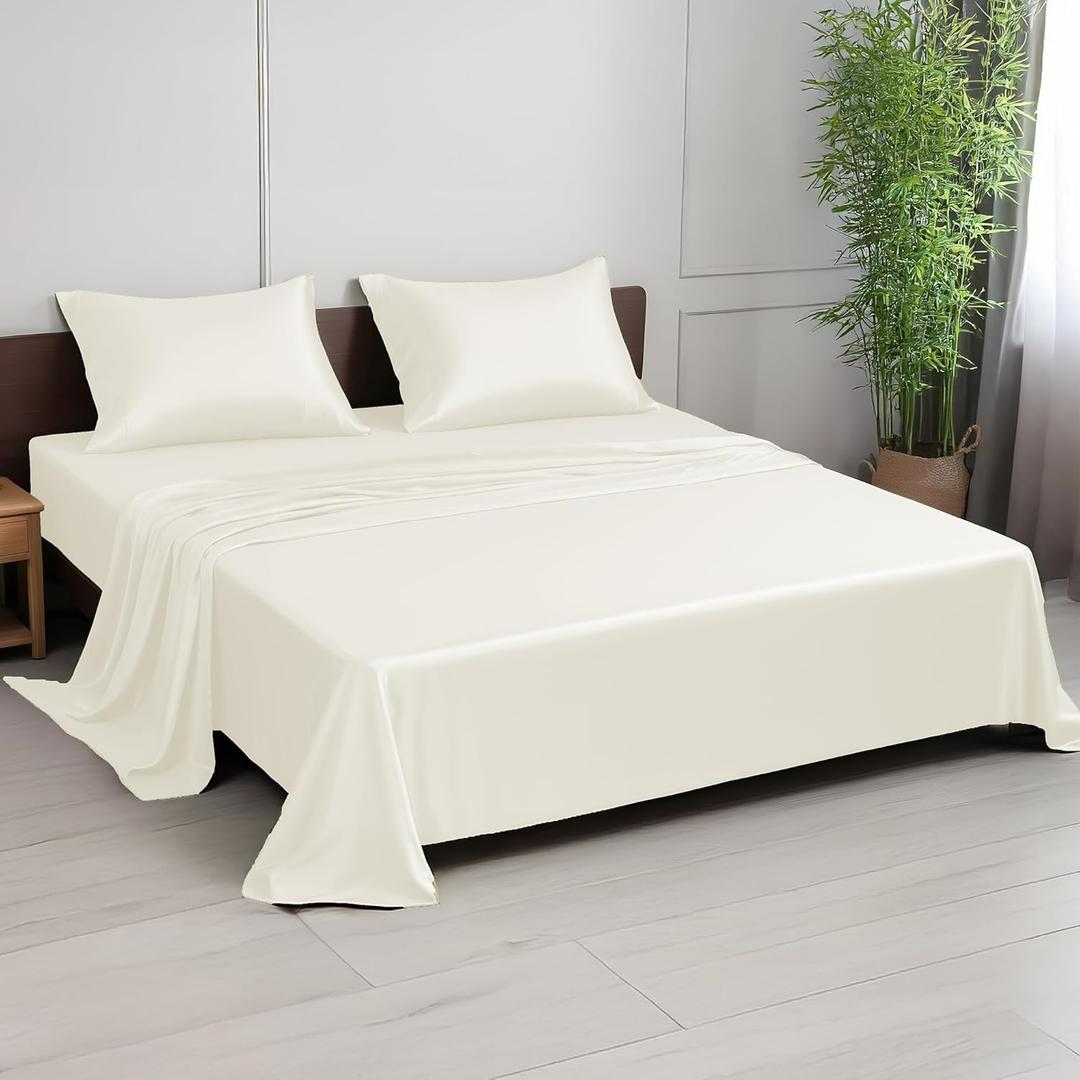Linenwalas Premium 100% Viscose Derived from Bamboo Queen Sheet Set - Ultra Soft, Breathable & Cooling, Ideal for Hot Sleepers, 16" Deep Pocket, Hotel Luxury Bedding (Ivory)