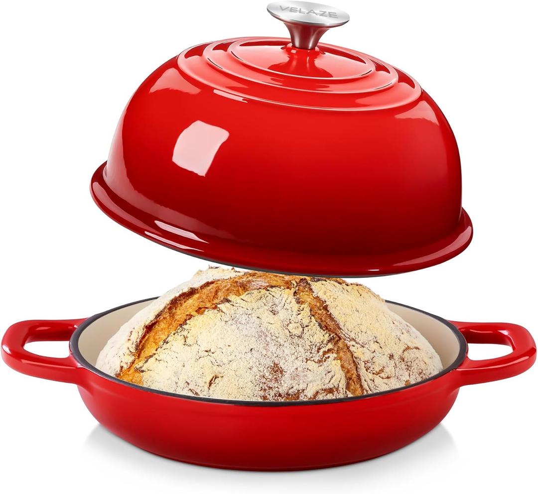 Velaze Enameled Cast Iron Dutch Oven for Bread Baking,5 QT Round Bread Oven Pot with Dome Lid for Sourdough, Roasting, Braising(Red)