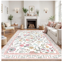 Floral Washable 8x10 Area Rug for Living Room, Soft Pink Large Girls Bedroom Rug, Non-Slip Low Pile Flower Birds Dining Room Rug, Botanical Floor Carpet for Kids Classroom Office