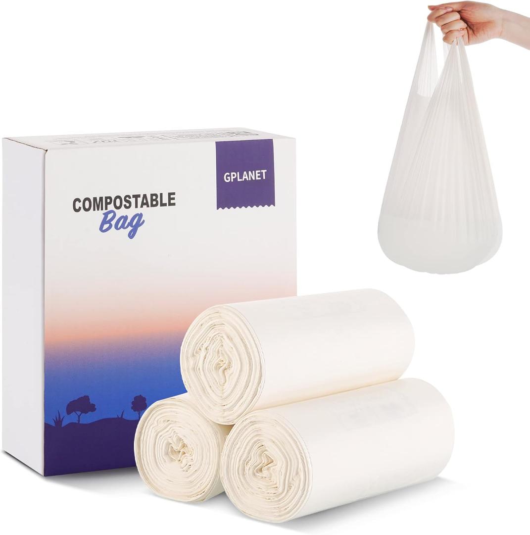 GPLANET Biodegradable handle Trash Bags, 5 Gallon, 20L, leak proof 0.78 Mils Thickness, 100% Compostable Waste Bags for Kitchen Bathroom Office , ASTM D6400 BPI Certified, White