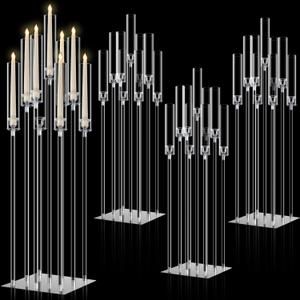 Tessco 4 Set 9 Arm Acrylic Candelabra Candle Holder 42.5'' Clear Candelabra Centerpieces for Wedding, Candlesticks Holder with Lampshade Metel Mirror Base for Wedding Christmas Dinner Party Decor