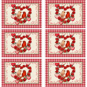 XCHI Plaid Roses Flowers Love Hearts Cardinal Valentine's Day Placemats Set of 6 Table Mats for Party Home Kitchen Dining Table Decorations 12x18 Inch