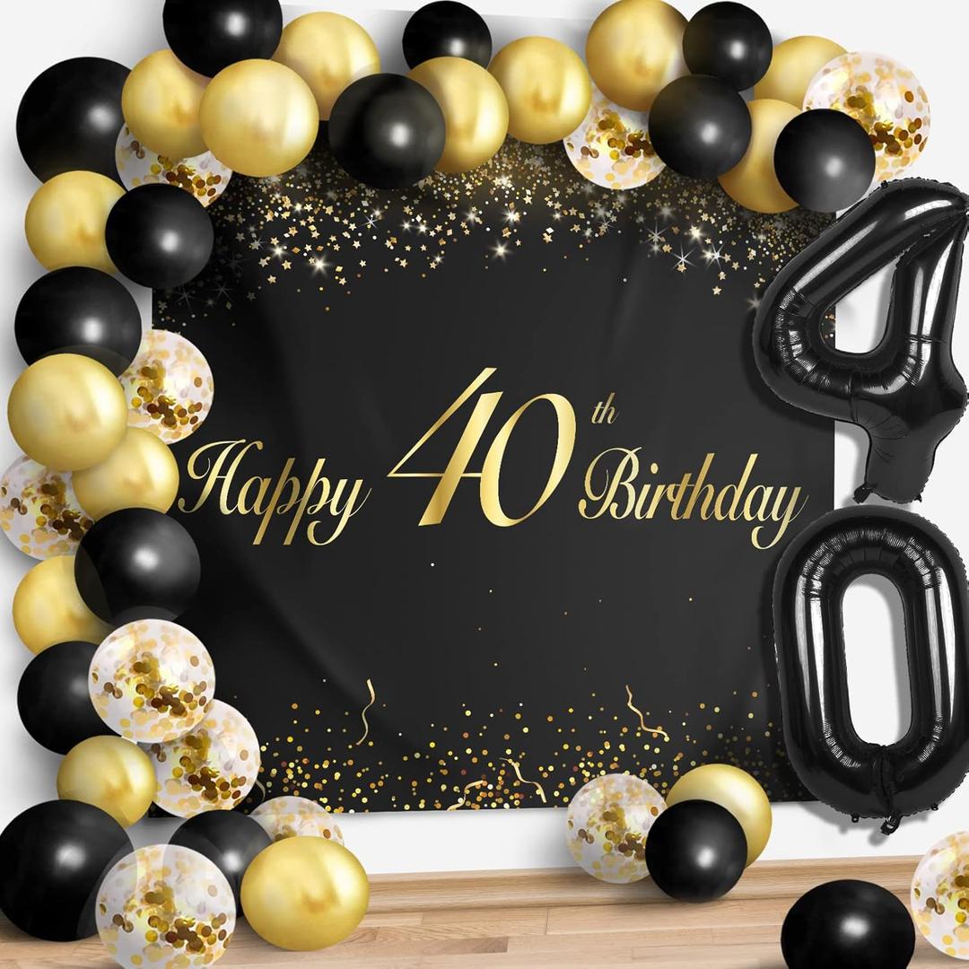 Happy 40th Birthday Balloons Black Set Decor - Cheers to 40 Years Old Party Theme Garland Banner Backdrop Decorations For Women and Men Supplies