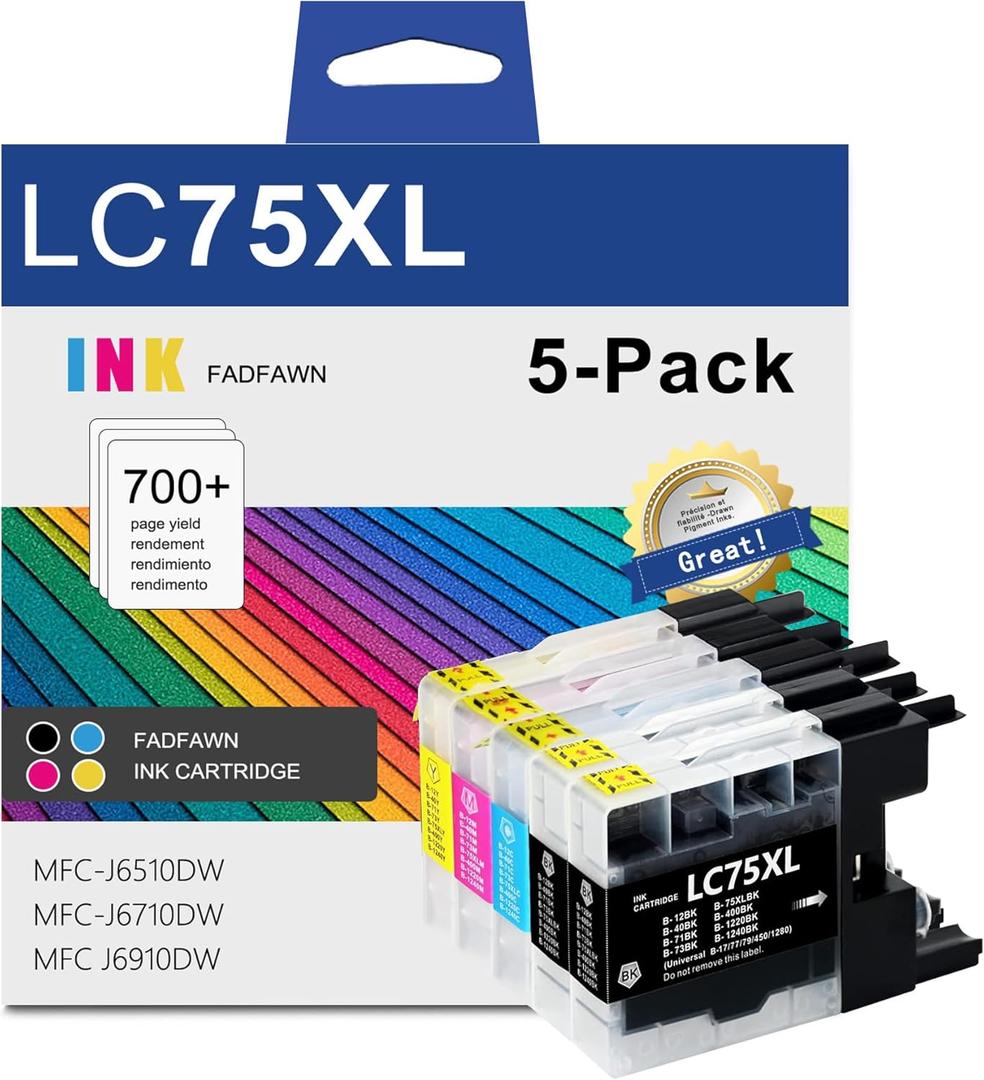 LC75 LC75XL High Yield Ink Cartridges - Replacement for Brother LC75 LC71 LC79 XL Ink Cartridge Work with MFC-J6510DW MFC-J6710DW MFC J6910DW J280W Printer (2 Black, Cyan, Magenta, Yellow 5-Pack)